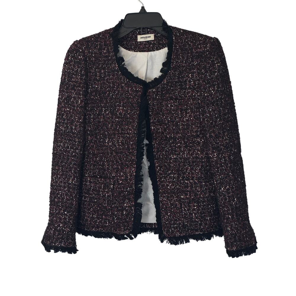 Zadig & Voltaire Volia Boucle Tweed Fringe Jacket Womens 34 / XS Red Blue Blazer